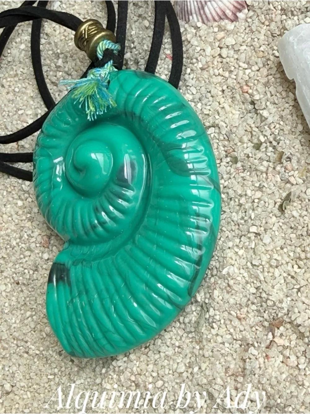 BRUTALIST Turquoise Spiral Shell Pendant Necklace LONG SUEDE